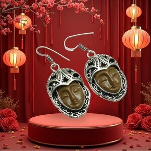 Brown Carved Stone Goddess Face Drop Earrings 925 Silver. Art nouveau. Filigree.
